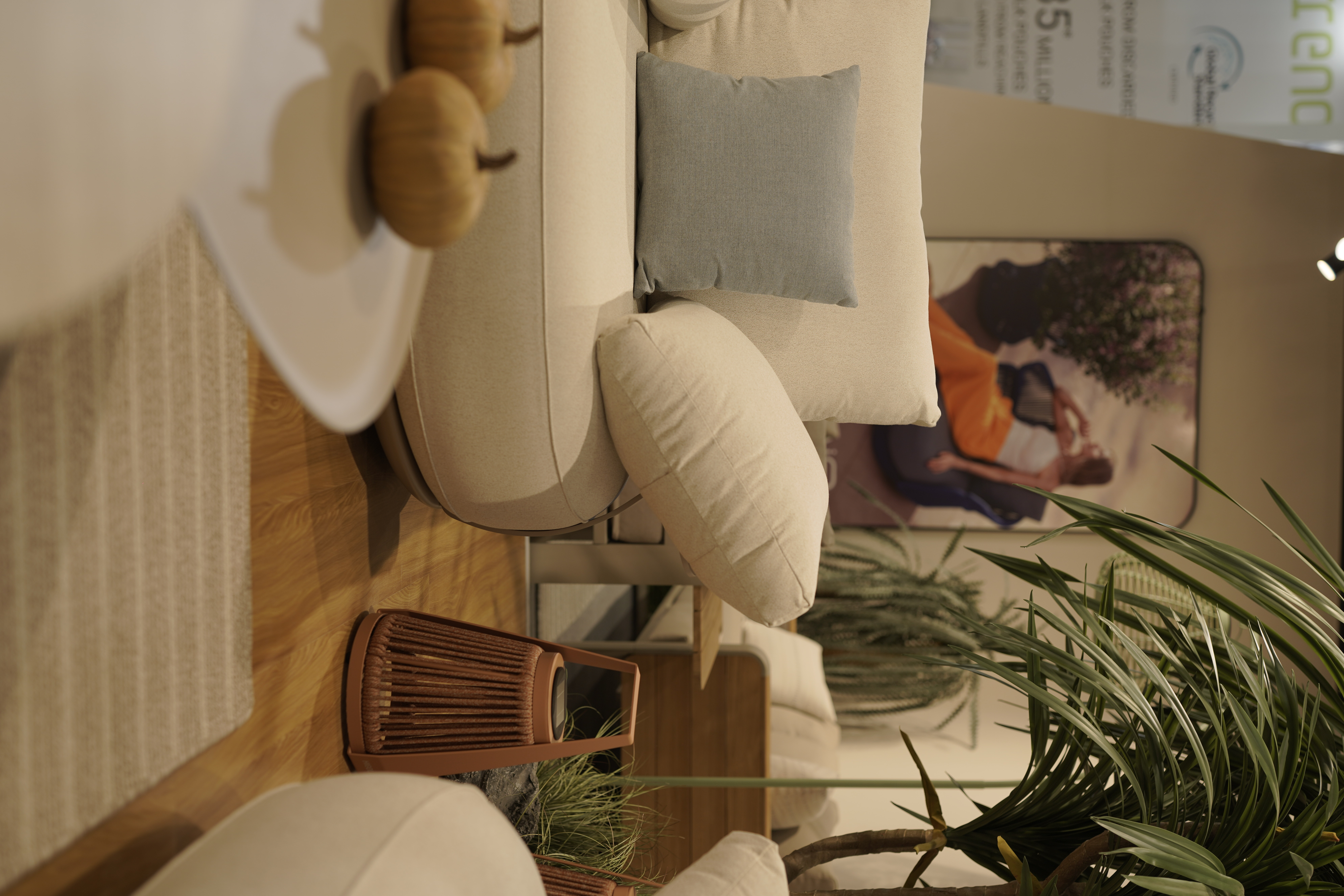 Luxury minimalist outdoor seating designed by Shruti Chadha, featuring neutral-toned sofa with textured cushions, natural wood flooring, and warm ambient styling in a modern Delhi residence.